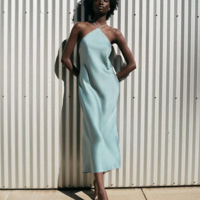 Zara long silk like material dress turquoise Brand new  bleu turquoise  backless