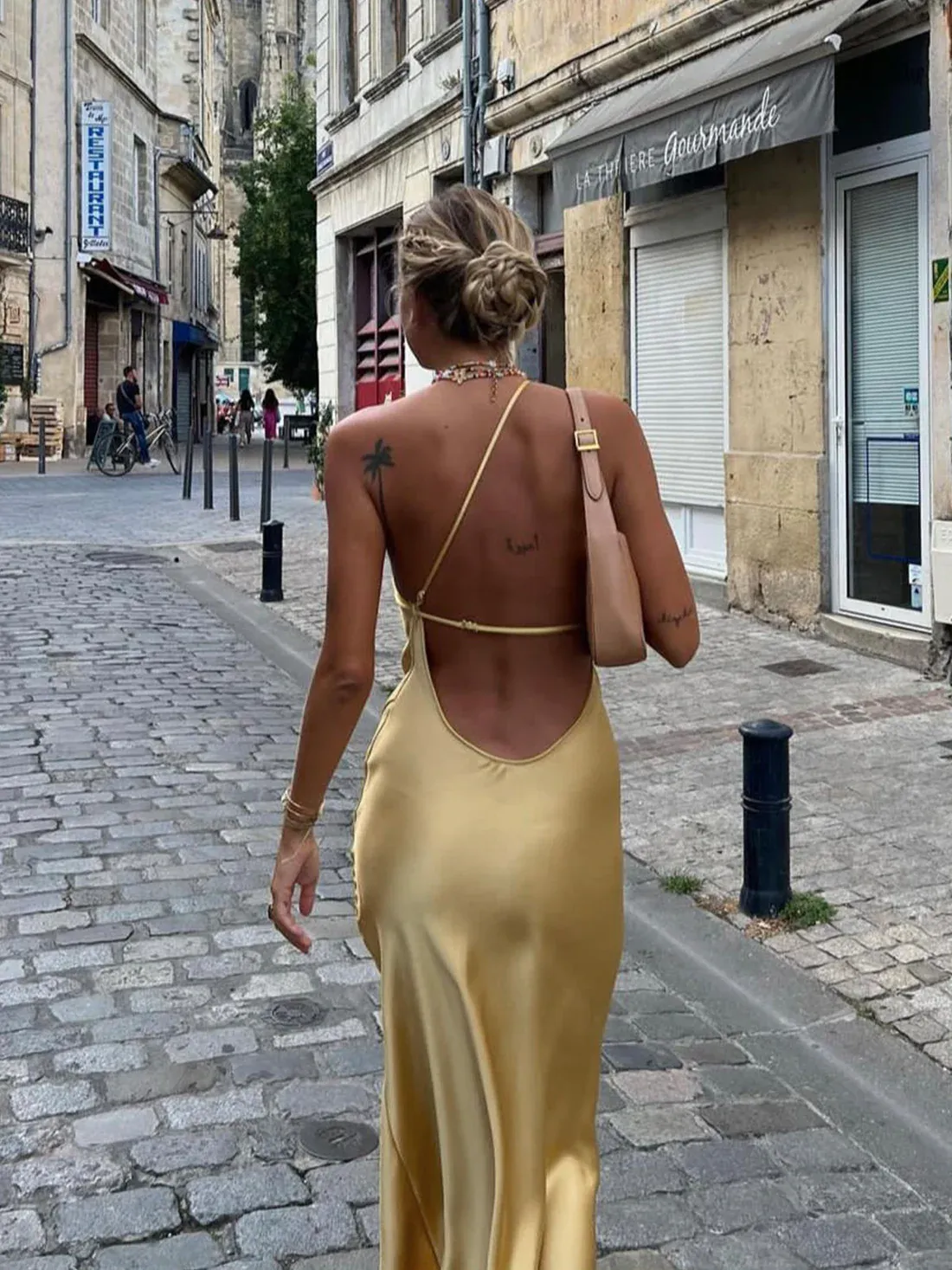 Zara gold yellow mustard satin asymmetric strap backless dress