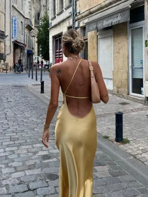 Zara gold yellow mustard satin asymmetric strap backless dress