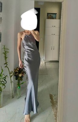 Zara anthracite grey silver long maxi dress satin halter neck backless cross straps mermaid