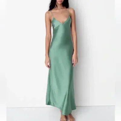 ZARA SATIN EFFECT MIDI SLIP DRESS Satin effect midi dress with V-neck with adjustable spaghetti strap