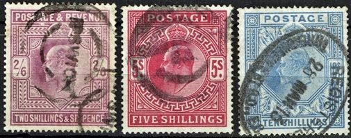 GB KING EDWARD VII 1902, COMPLETE SET, 2'6d, 5s, 10s SG 261, SG 264, SG265, USED