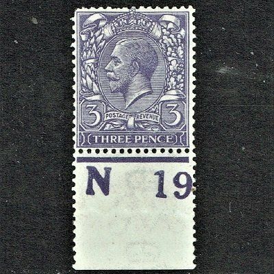 GB KING GEORGE V 1912, 3d BLUISH VIOLET, Control N 19, Mi132a, SG376, Mint