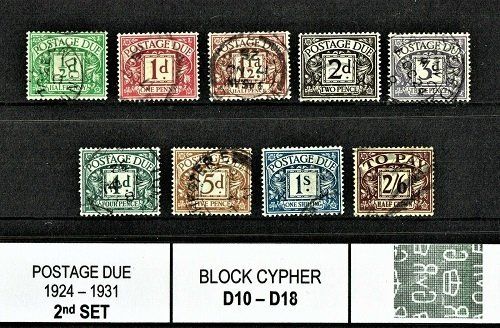 GB KING GEORGE V 1924, 2nd POSTAGE DUE SET SGD10-D18, BLOCK CYPHER