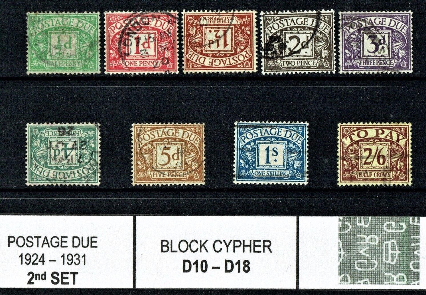 GB KING GEORGE V 1924-31, 2nd SET POSTAGE DUE SGD10-18, wmk BLOCK CYPHER, USED
