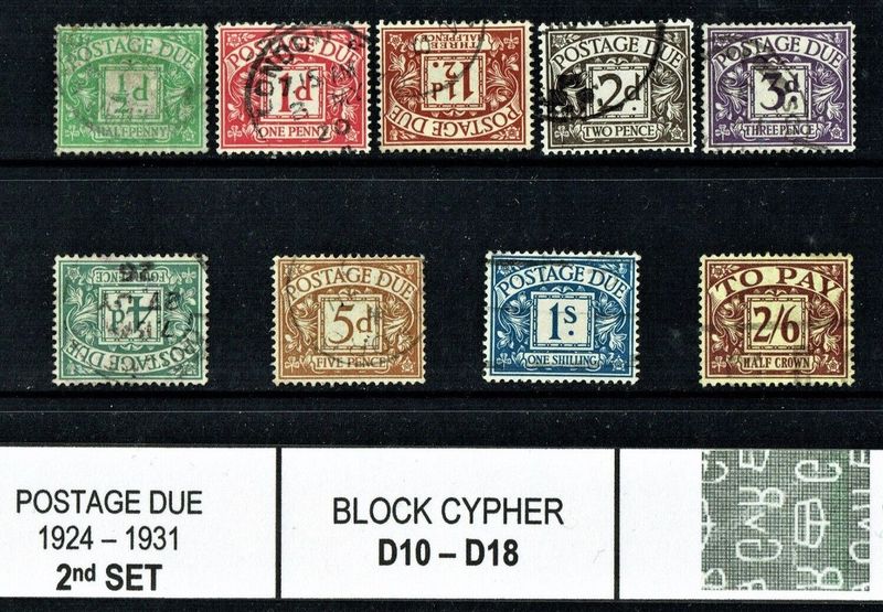 GB KING GEORGE V 1924-31, 2nd SET POSTAGE DUE SGD10-18, wmk BLOCK CYPHER, USED