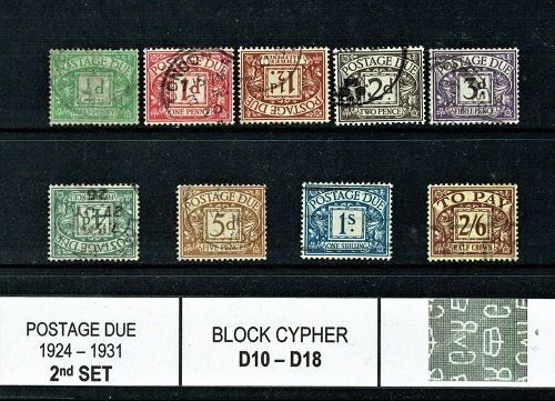 GB KING GEORGE V 1924-31, 2nd SET POSTAGE DUE SGD10-18, wmk BLOCK CYPHER, USED