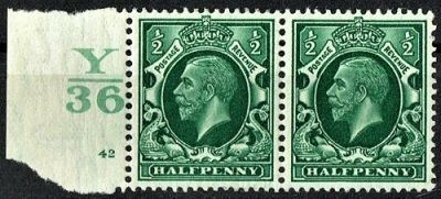 GB KING GEORGE V 1934, PAIR ½d GREEN SG 439, Mi GB 175X, Control Y36, Cylinder 45(Dot), MNH