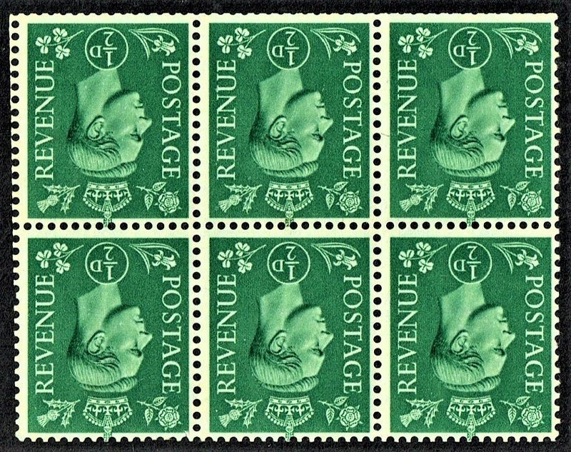 GB KING GEORGE VI 1937 BLOCK of 6, ½d GREEN WMK INVERTED, SG462 wi, MNH