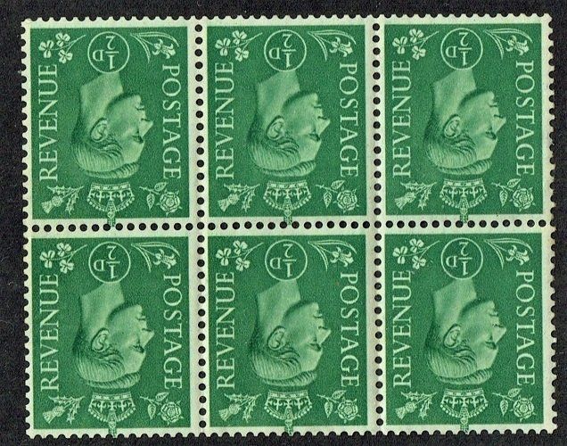 GB KING GEORGE VI 1937 BLOCK of 6, ½d GREEN WMK INVERTED, SG462wi, MNH