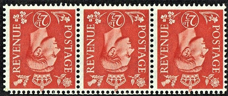 GB KING GEORGE VI 1937, 2½d PALE SCARLET STRIP of 3 STAMPS, WMK INV., SG507, MNH