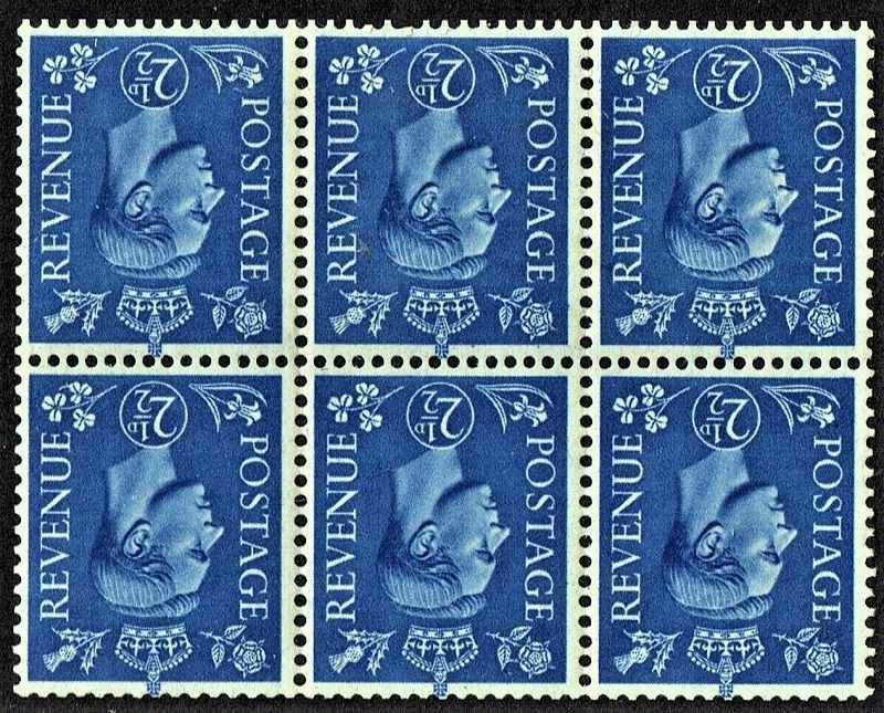 GB KING GEORGE VI 1937, BLOCK of 6x 2½d ULTRAMARINE WTM.INVERT, SG466Wi Mint/MNH