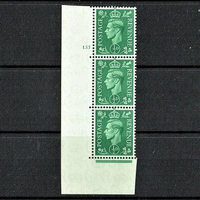 GB KING GEORGE VI 1937, ½d GREEN Cylinder 153(NO Dot), Mi198X, SG462, MNH