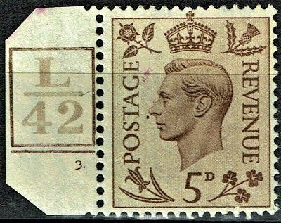 GB KING GEORGE VI 1938, 5d BROWN with CONTROL & CYLINDER, SG469, Mint