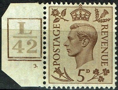 GB KING GEORGE VI 1938, 5d BROWN with CONTROL & CYLINDER, SG469, Mint