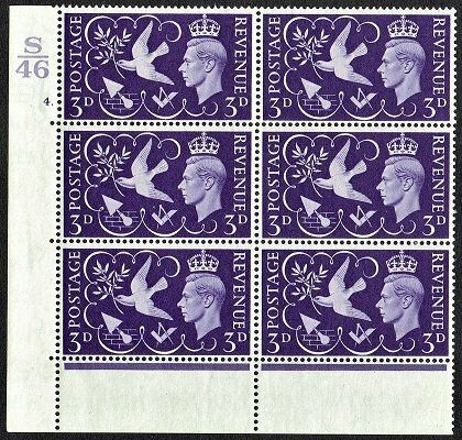 GB KING GEORGE VI 1946, BLOCKS of 6 - 3d VIOLET, CONTROL S46, CYLINDER 4 (Dot) Mi232, SG492, MNH/Mint