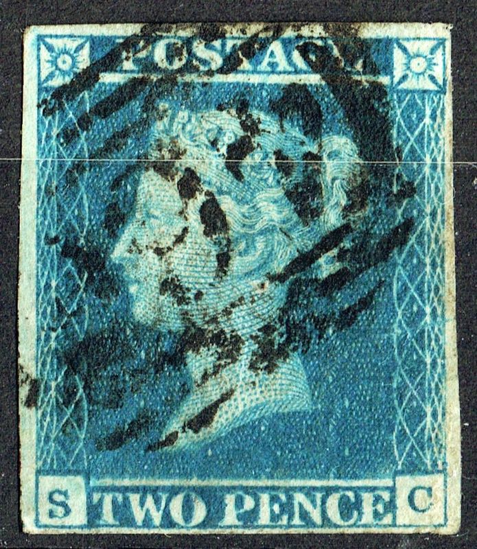 GB QUEEN VICTORIA 1840, 2d BLUE, 4 MARGIN, Mi.2, SG4, S-C, Used