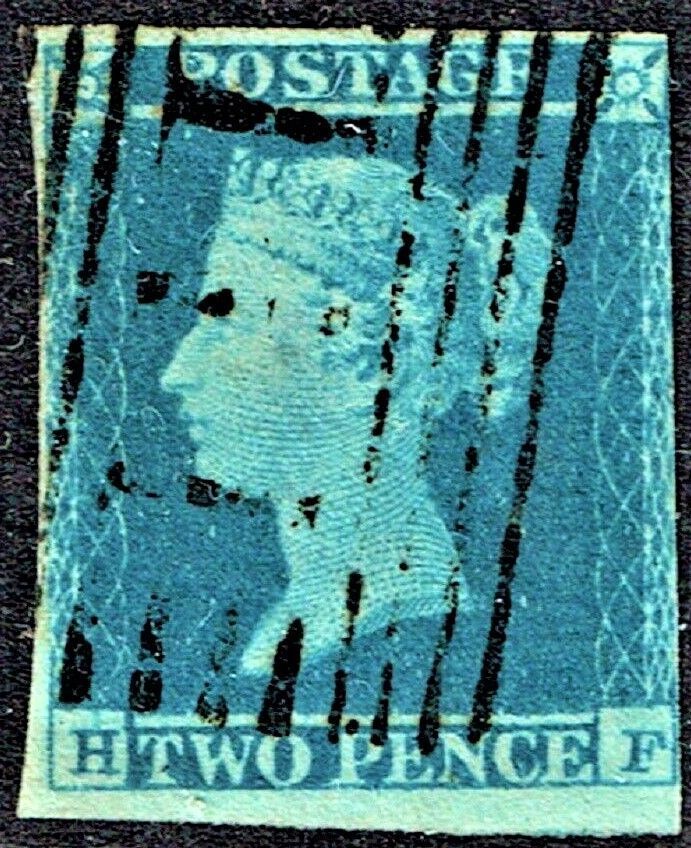 GB QUEEN VICTORIA 1840, 2d BLUE, SG8, H-F, 3¾ MARGIN, Used
