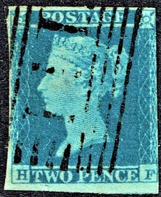 GB QUEEN VICTORIA 1840, 2d BLUE, SG8, H-F, 3¾ MARGIN, Used