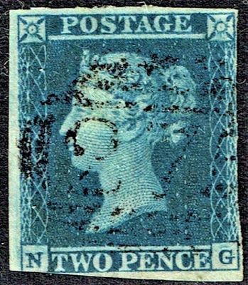 GB QUEEN VICTORIA 1840, 2d DEEP BLUE, N-G, Pl.4, 3¾ MARGIN, Used
