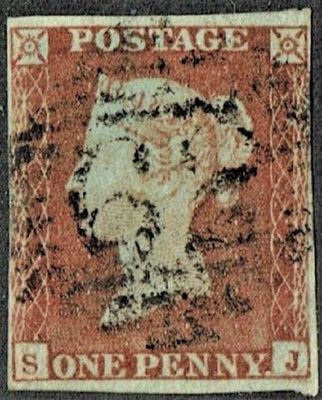 GB QUEEN VICTORIA 1841, 1d RED-BROWN, SG8, Pl.14, S-J, 4 MARGIN, Used GB QUEEN VICTORIA 1841, 1d RED-BROWN, SG8, Pl.14, S-J, 4 MARGIN, Used