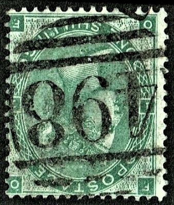 GB QUEEN VICTORIA 1862, 1s DEEP GREEN ERRORS Mi.22a, SG89 Pl.1, wmk INVERTED, F-O/O-F, Used/ FU