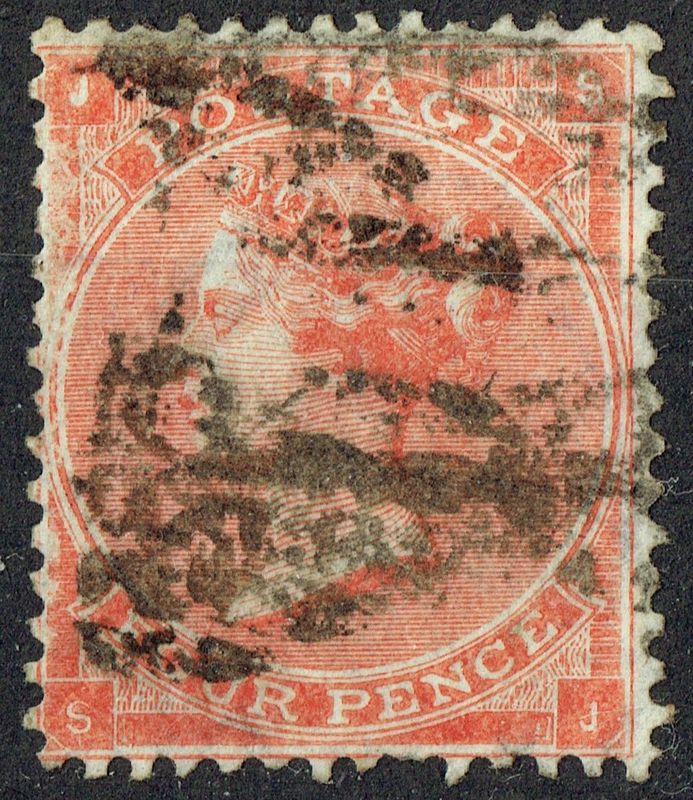 GB QUEEN VICTORIA 1862-64, 4d BRT RED, SG 81, Mi.19Ia, HAIR LINES, J-S/S-J, USED, ERRORS