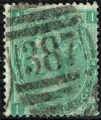 GB QUEEN VICTORIA 1865, 1s GREEN Pl.4, Mi.27, SG101, A-I/I-A, Used