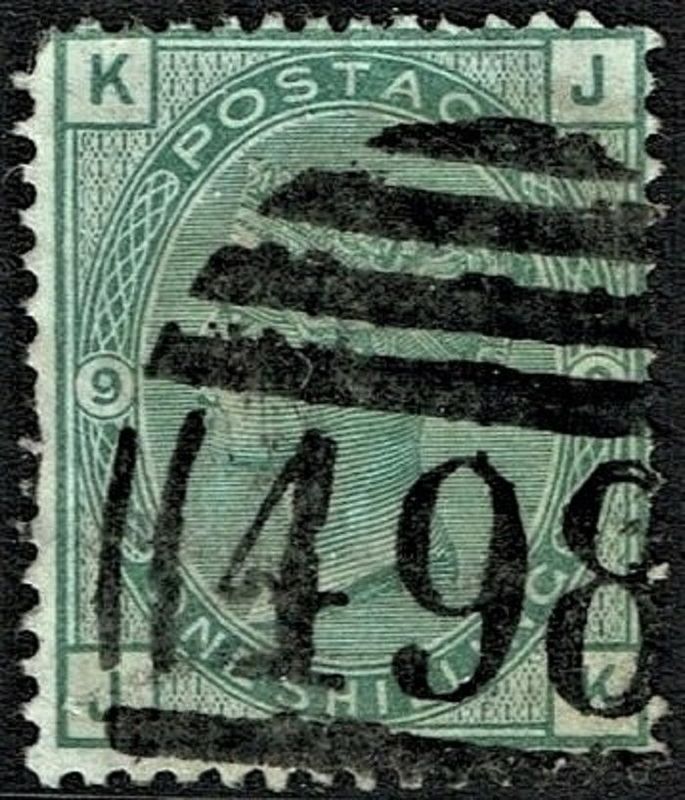 GB QUEEN VICTORIA 1874, 1s GREEN - DARK GREEN, Mi.46, SG148-150, ERRORS, Pl.9, K-J/J-K, Used