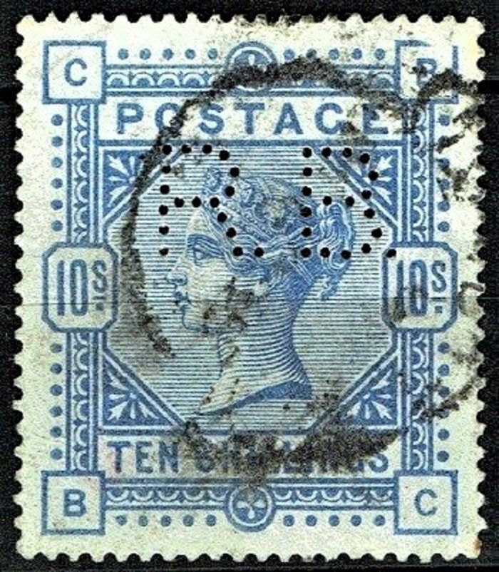 GB QUEEN VICTORIA 1884, 10s Ultramarine C-B/B-C, Mi.84ax, SG183a, with Perfin, Used