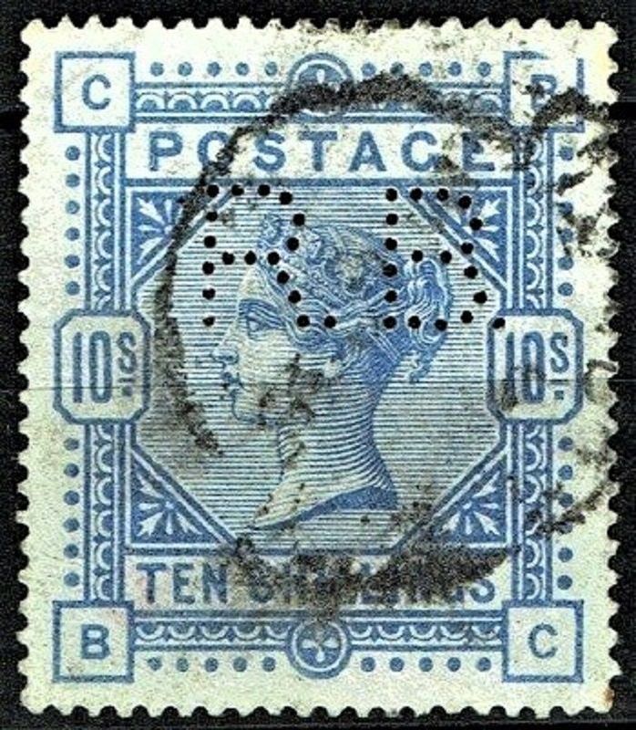 GB QUEEN VICTORIA 1884, 10s Ultramarine C-B/B-C, Mi.84ax, SG183a, with Perfin, Used