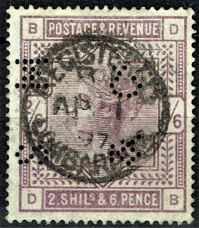GB QUEEN VICTORIA 1884, 2'6s LILAC, Mi82x, SG178, with Perfin,  B-D/D-B, Used