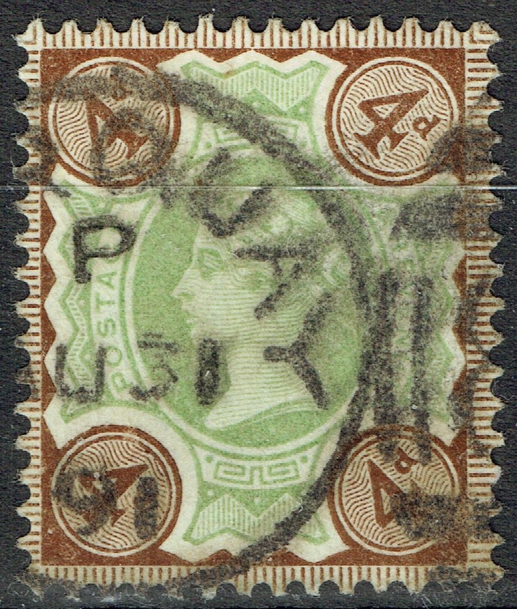 GB QUEEN VICTORIA 1887-92, 4d GREEN & DEEP BROWN, SG.205a, Mi.91b, USED