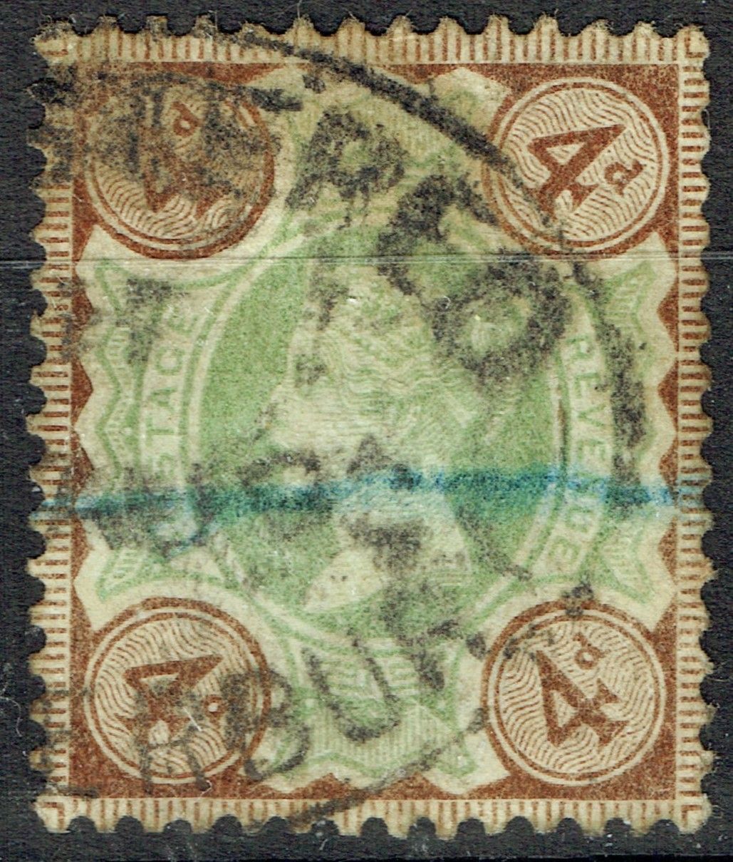 GB QUEEN VICTORIA 1887-92, 4d GREEN & DEEP BROWN, SG205a, Mi.91b, USED