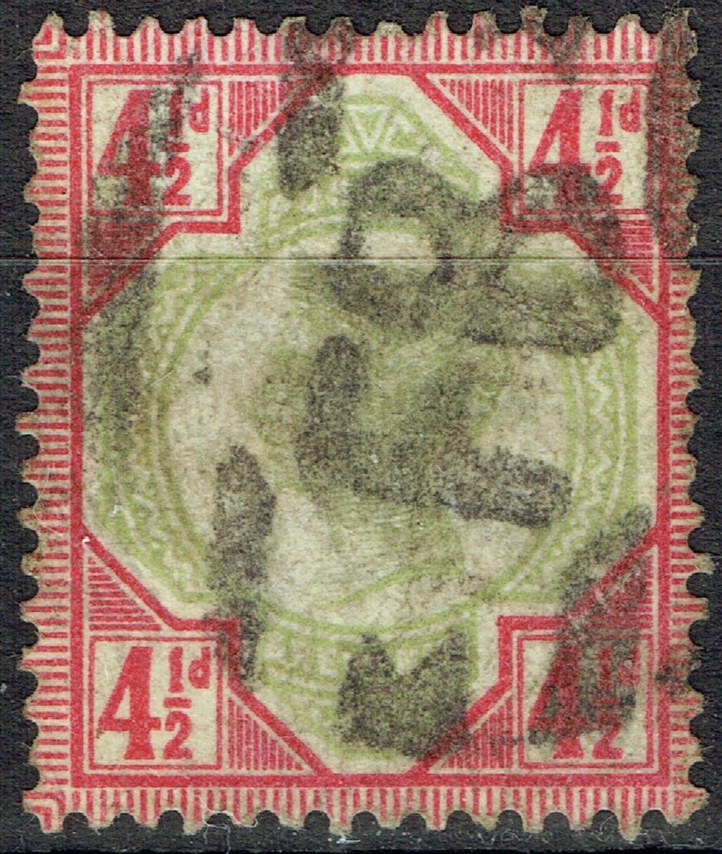 GB QUEEN VICTORIA 1892, 4½d GREEN & CARMINE, SG 206, Mi.92, USED