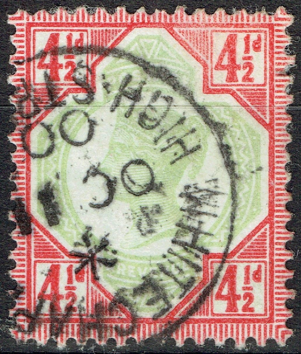 GB QUEEN VICTORIA 1892, 4½d GREEN & DP BRIGHT CARMINE, SG 206a, Mi.92a, USED