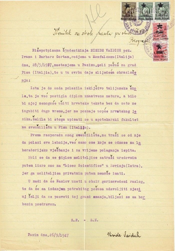 YU 1947 REQUEST FOR ISSUING PASSPORT FOR TRIP TO PISA (ITALY)