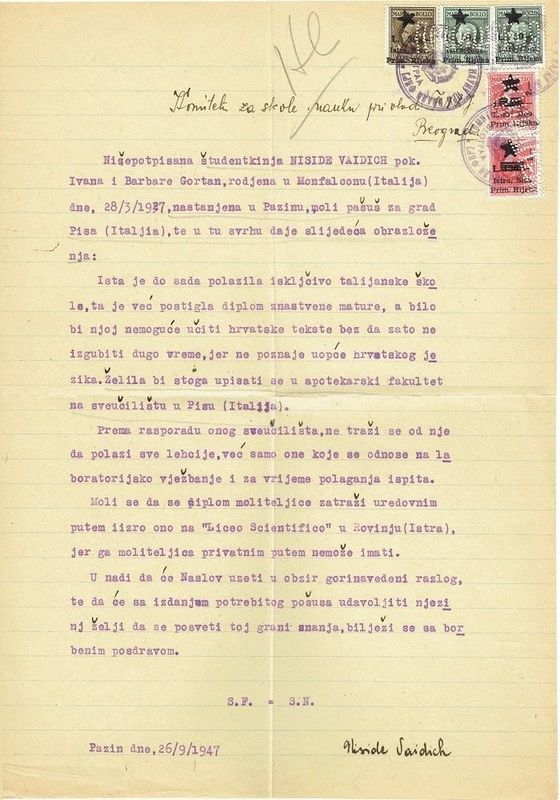 YU 1947 REQUEST FOR ISSUING PASSPORT FOR TRIP TO PISA (ITALY)
