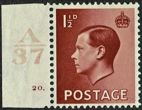 GB KING EDWARD VIII 1936, 1½d RED-BROWN, Control A37, Cylinder 20(Dot), Sg.459, MNH/Mint