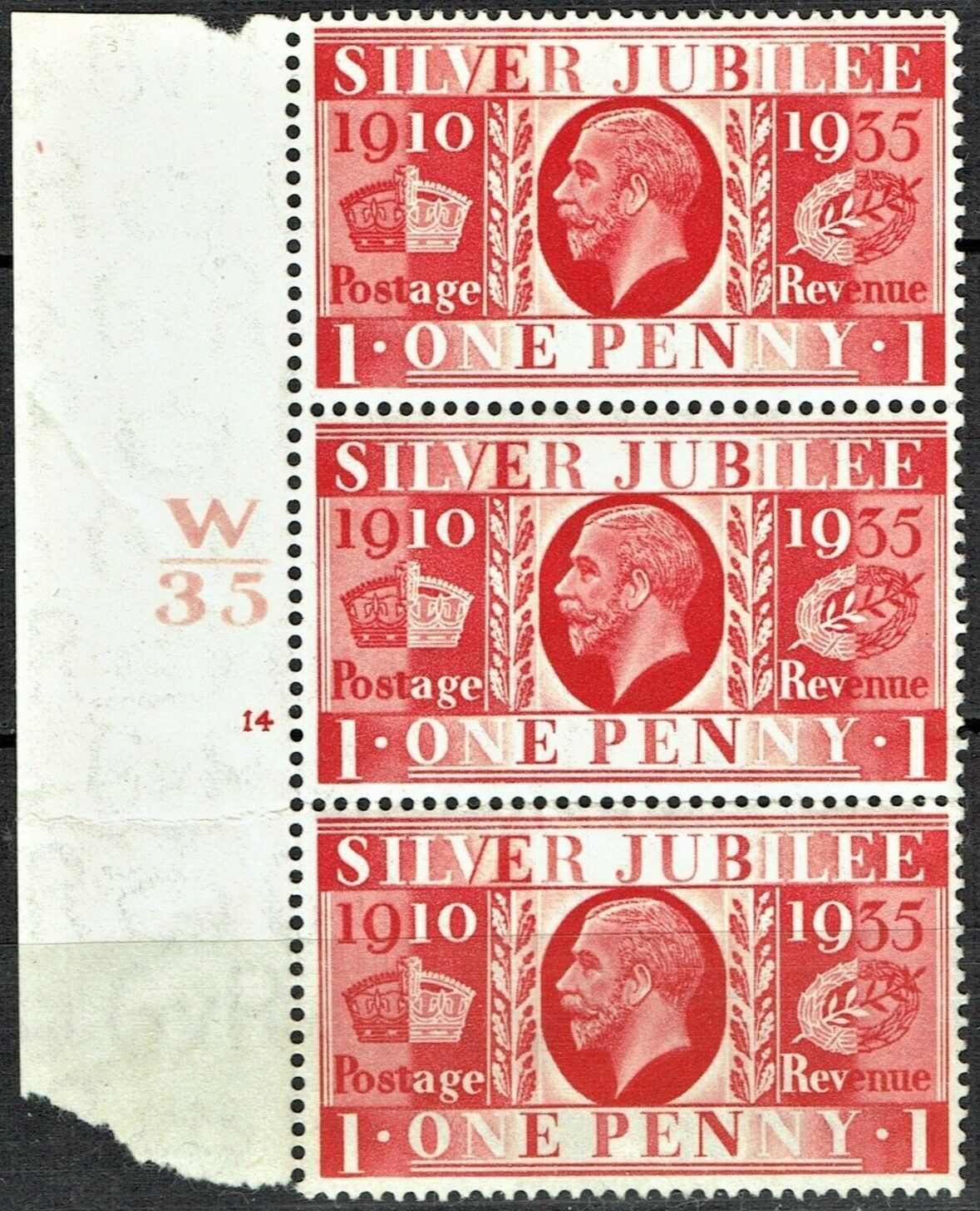 GB KING GEORGE V, 1935, 1d SCARLET Sg.454, CONTROL W35, CYLINDER 14 (NO Dot), MNH