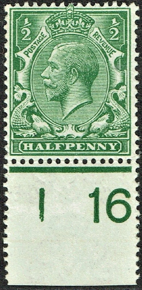 GB KING GEORGE V. 1913, ½d GREEN, Control I16, Sg.351, Mi.127X, MNH