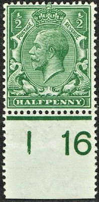 GB KING GEORGE V. 1913, ½d GREEN, Control I16, Sg.351, Mi.127X, MNH