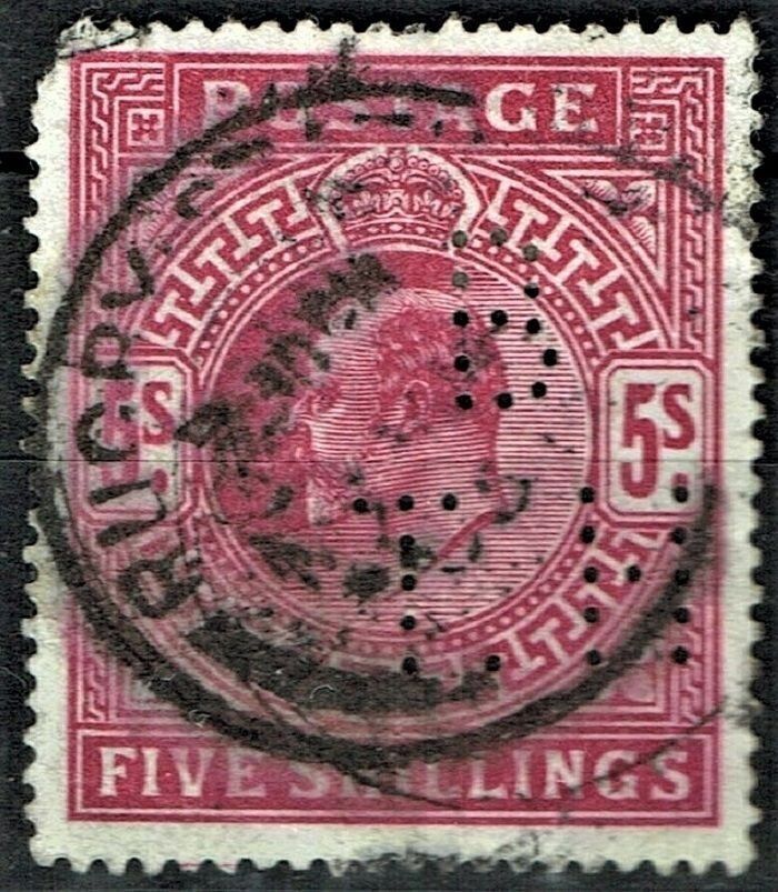 GB KING EDWARD VII, 1902, 5s DEEP BRT CARMINE, Sg.264, Mi.116Ib, Perfin, Used - Damaged