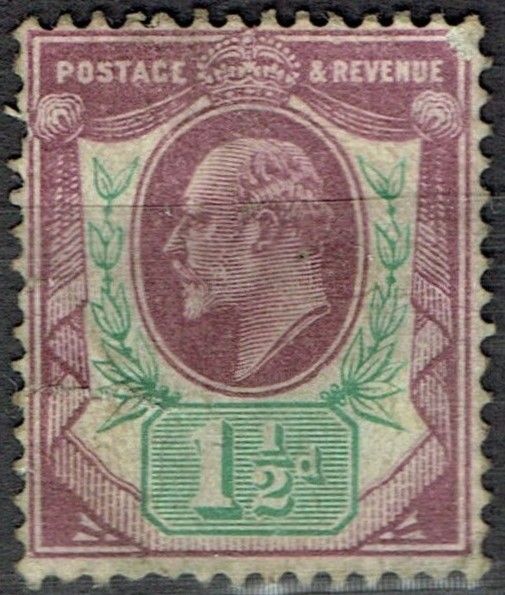 GB KING EDWARD VII, 1902, 1½d Dull Purple & Green, Sg.221, Mi.105Iwa, MNH/MINT, DAMAGED