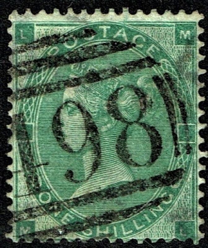 GB QUEEN VICTORIA, 1862, 1s DEEP GREEN, wmk REVERSED, Sg.89, Mi.22b, Pl.1, LM-ML, Used