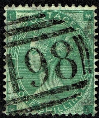 GB QUEEN VICTORIA, 1862, 1s DEEP GREEN, wmk REVERSED, Sg.89, Mi.22b, Pl.1, LM-ML, Used