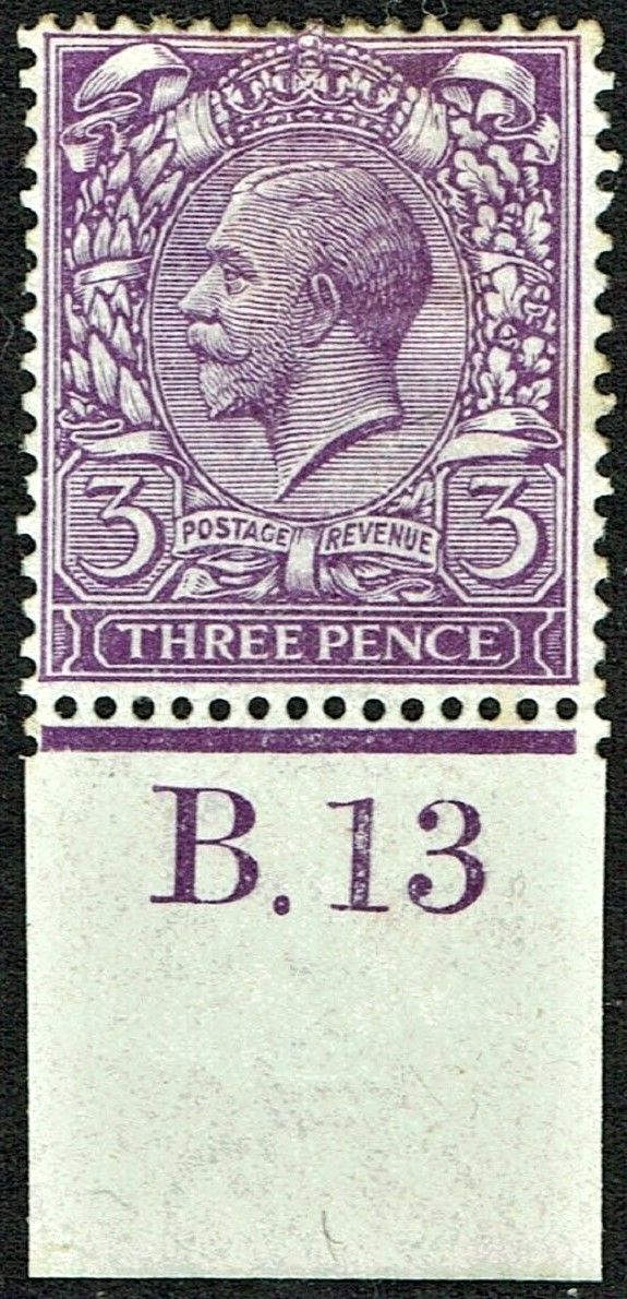 GB KING GEORGE V, 1912, 3d DULL REDDISH VIOLET, Control B.13, Sg.374, Mi.132W, Mint