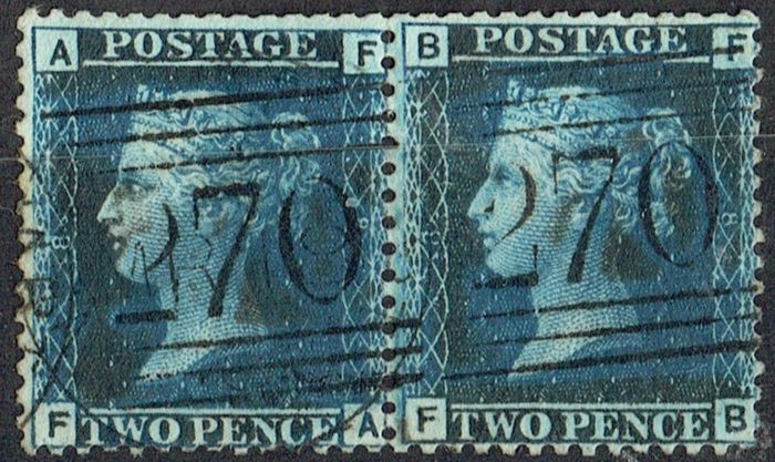 GB QUEEN VICTORIA, 1858, PAIR 2d BLUE, Sg.45, Pl.8, AF-FA, BF-FB, USED