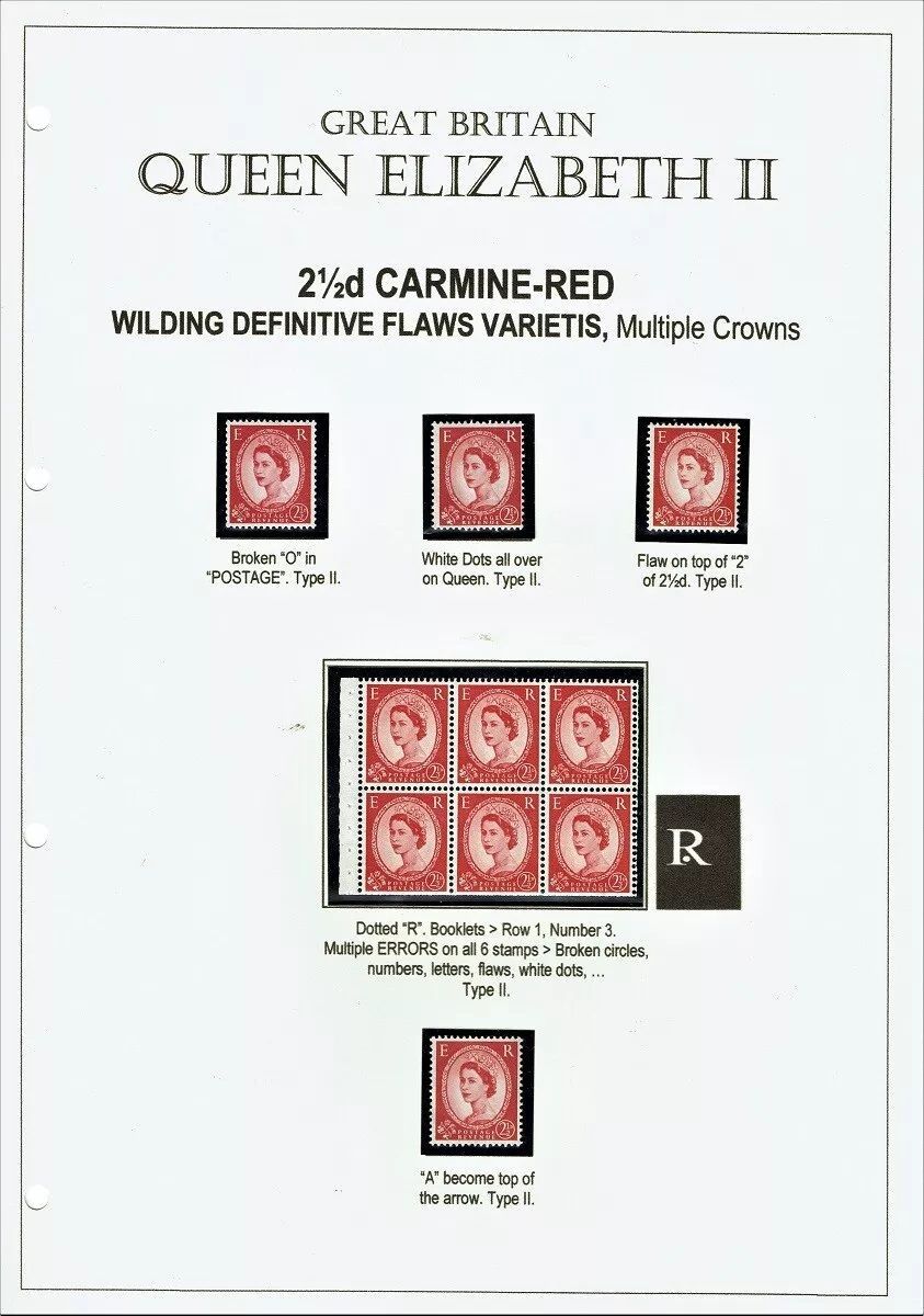 GB QUEEN ELIZABETH II, 1957, ERRORS, 2½d CARMINE RED, TYPE II, WILDING DEFINITIVE VARIETIES, MC