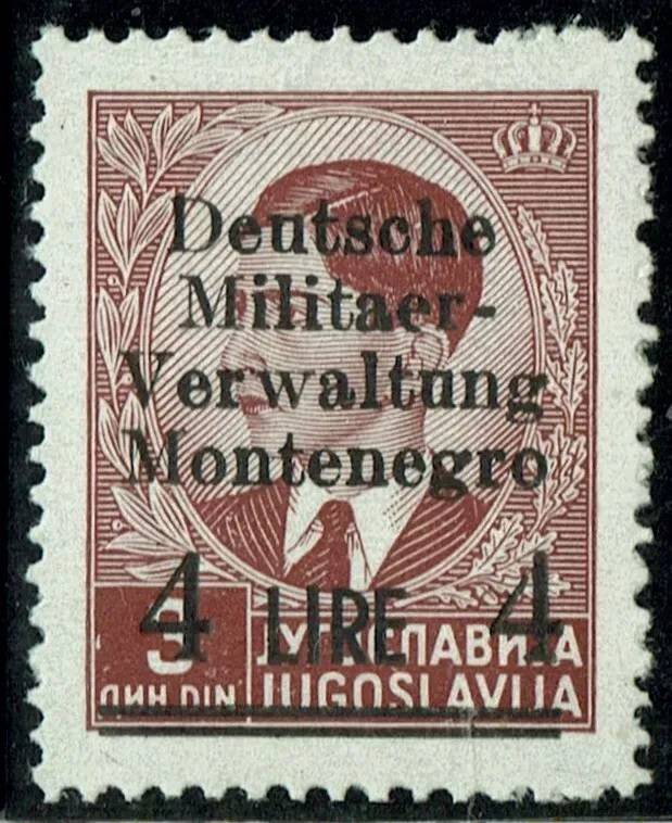 WWII, GERMAN OCCUPATION OF MONTENEGRO, 4Lire 3Din, Mi.5/I, MNH